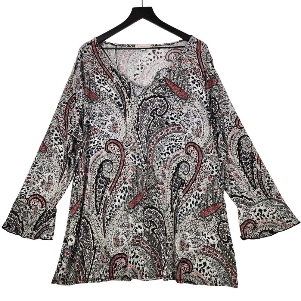 Dress‎ Barn Top 2XL Black Red Paisley Flare Cuff Boho Stretch Flowy Lightweight